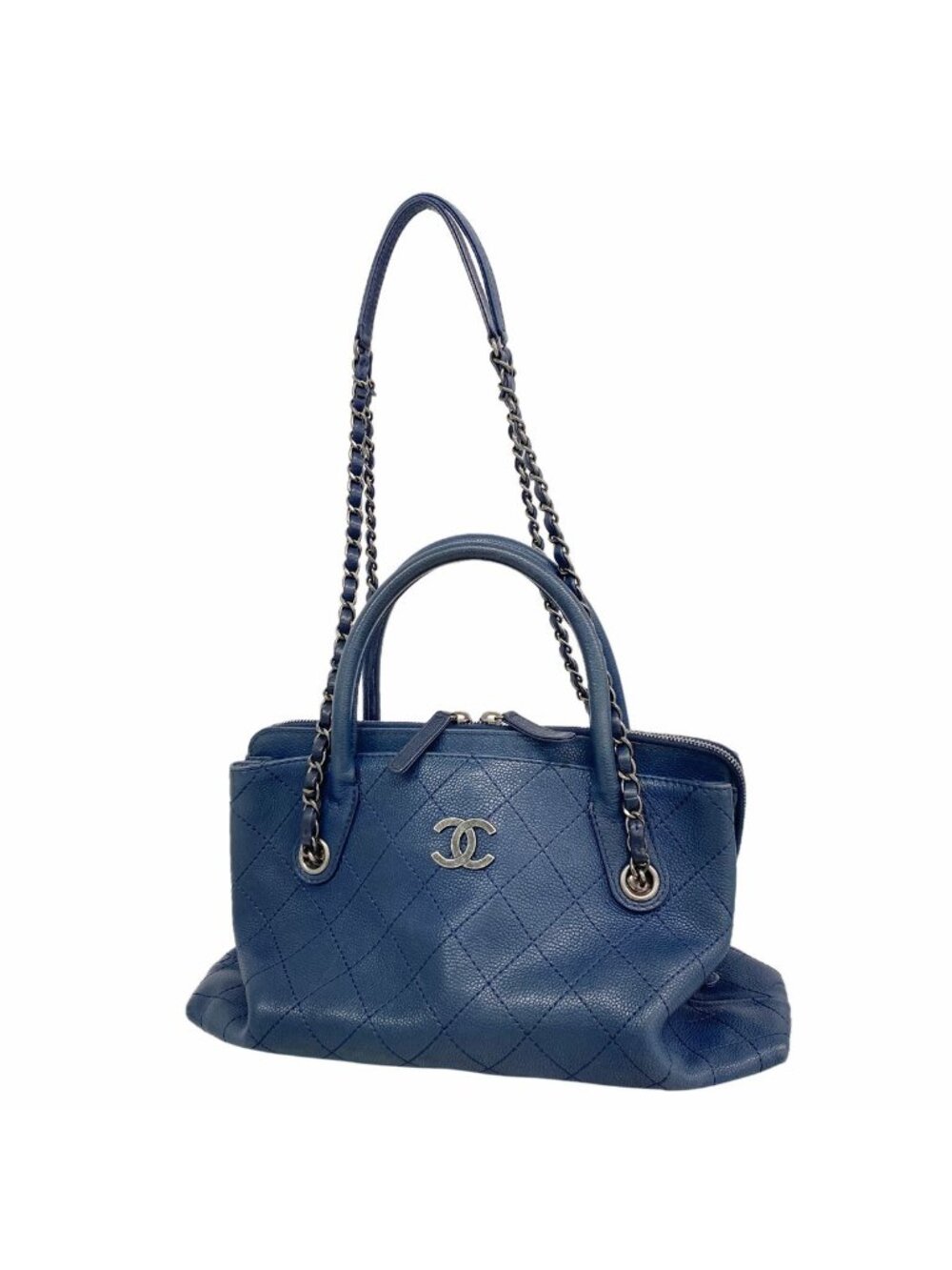 Chanel Handbag Quilted Caviar Leather Blue Silver 2-Way Bag
